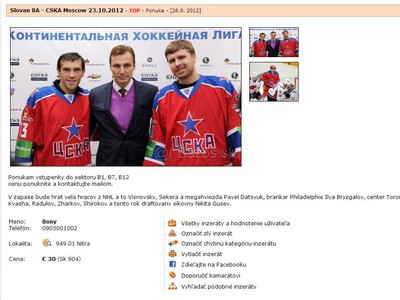 Inzerát ponúkajúci vstupenky na zápasy Slovana v KHL
