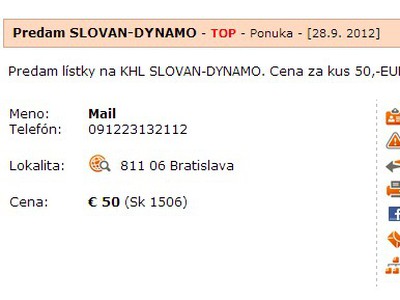 Inzerát ponúkajúci vstupenky na zápasy Slovana v KHL
