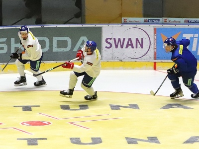 Tréning hráčov počas zrazu slovenskej hokejovej reprezentácie pred prípravným dvojzápasom s Nemeckom vo Zvolene