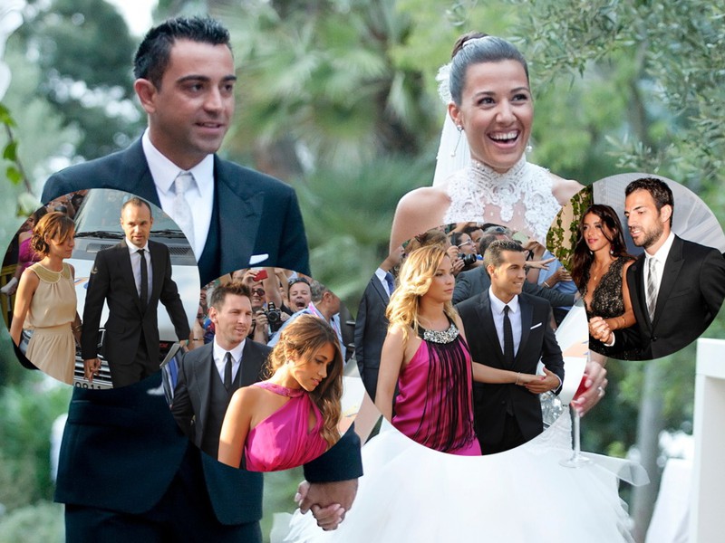 Mladomanželia Xavi Hernandéz a Núria Cunillerová. Okrem nich zľava futbalisti Iniesta, Messi, Pedro a Fábregas s priateľkami respektíve manželkami.