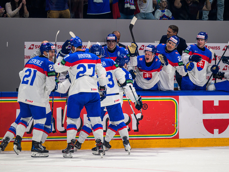 Na snímke slovenskí hráči zľava Sebastián Čederle (21), kapitán Marek Hrivík (27), Adam Liška (23), Oliver Okuliar (8), Martin Pospíšil (76), Adam Sýkora (10), Kristián Pospíšil (22), Andrej Kollár (72) a Martin Faško-Rudáš (77) sa tešia z gólu