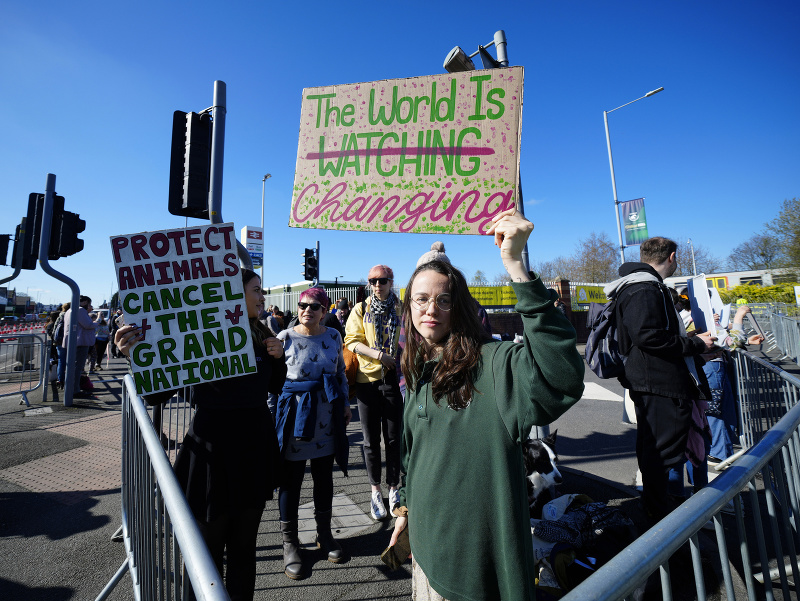Aktivisti za práva zvierat protestujú pred prestížnou Veľkou národnou v Liverpoole
