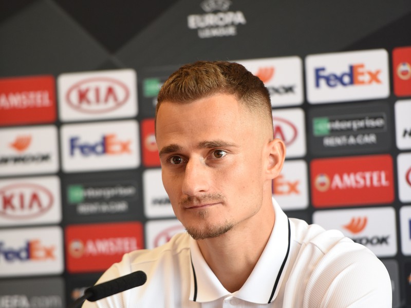 Hráč Trnavy Erik Grendel na tlačovej konferencii pred štvrtkovým premiérovým zápasom Spartaka v skupinovej fáze Európskej ligy