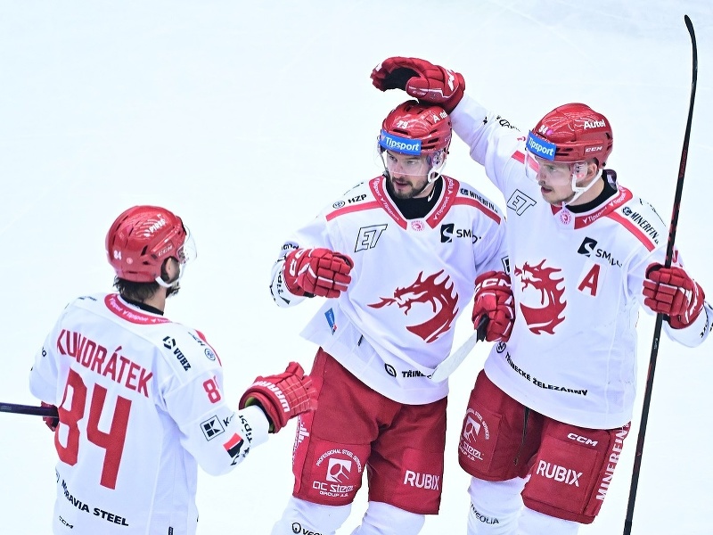 Hráči HC Oceláři Třinec oslavujú gól