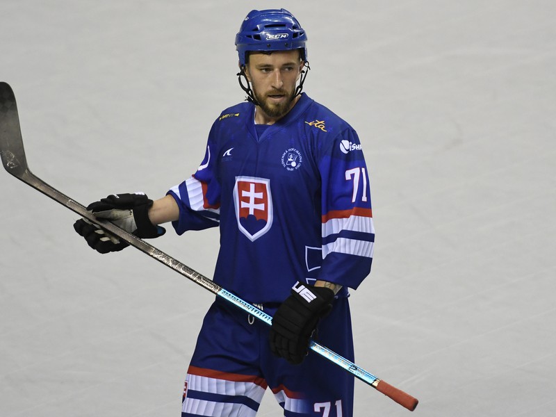 Na snímke Patrik Svitana (Slovensko) v zápase majstrovstiev sveta v hokejbale mužov