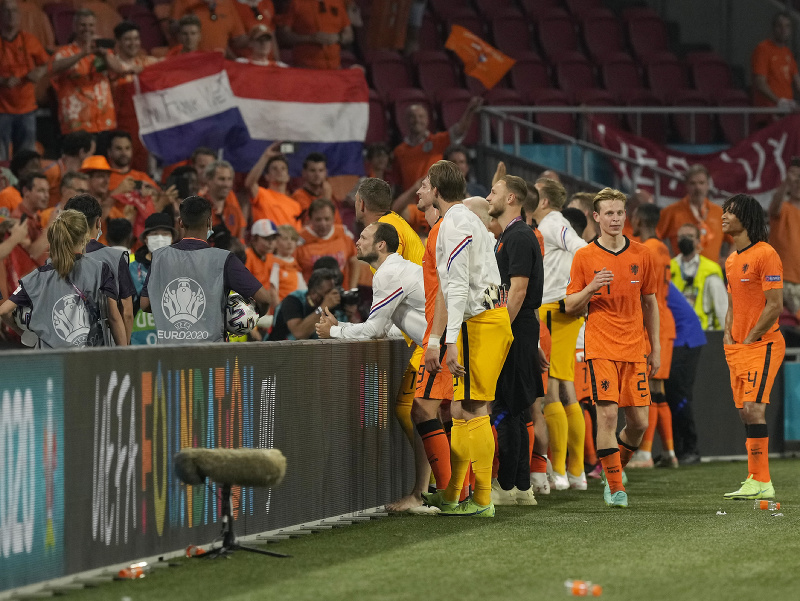 Na snímke hráči Holandska oslavujú s fanúšikmi