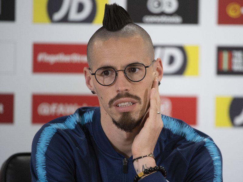 Na snímke kapitán slovenskej futbalovej reprezenrácie Marek Hamšík počas tlačovej konferencie