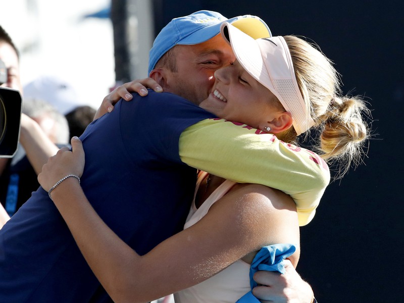 Ukrajinská tenistka Marta Kosťuková sa teší po výhre nad Číňankou Šuaj Pcheng v zápase 1. kola ženskej dvojhry na grandslamovom turnaji Australian Open v Melbourne