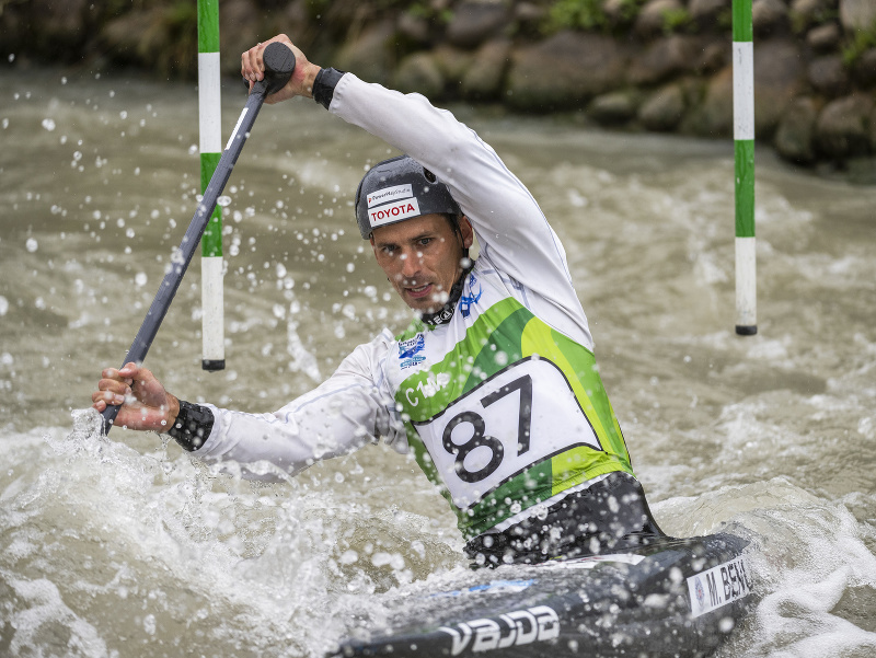 Slovenský reprezentant Matej Beňuš počas finálovej jazdy v kategórii C1 na Majstrovstvách Slovenskej republiky 2023 vo vodnom slalome