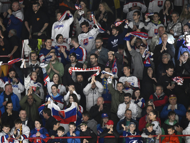 Na snímke fanúšikovia oslavujú úvodný gól v prípravnom hokejovom zápase pred MS Slovensko - Nemecko