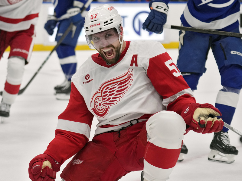 Hokejista Detroitu Red Wings David Perron oslavuje gól 