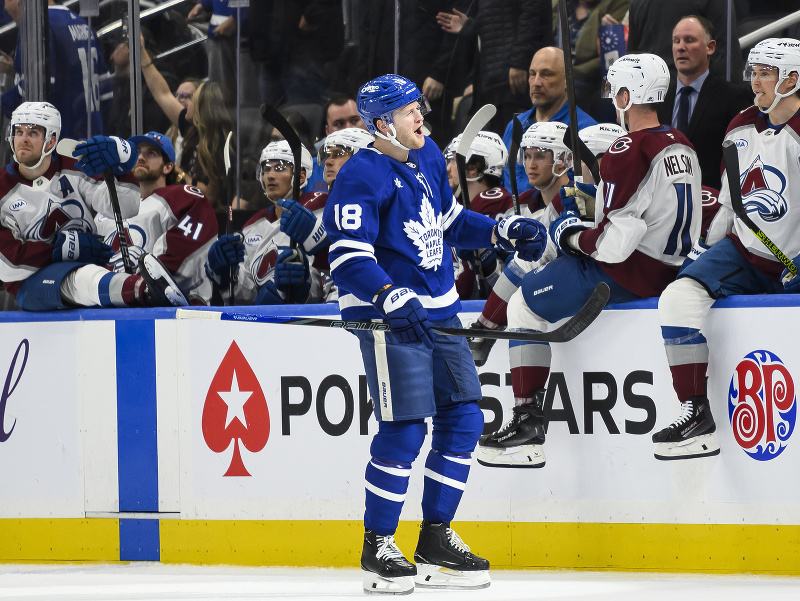 Steven Lorentz (18) oslavuje gól Toronta Maple Leafs