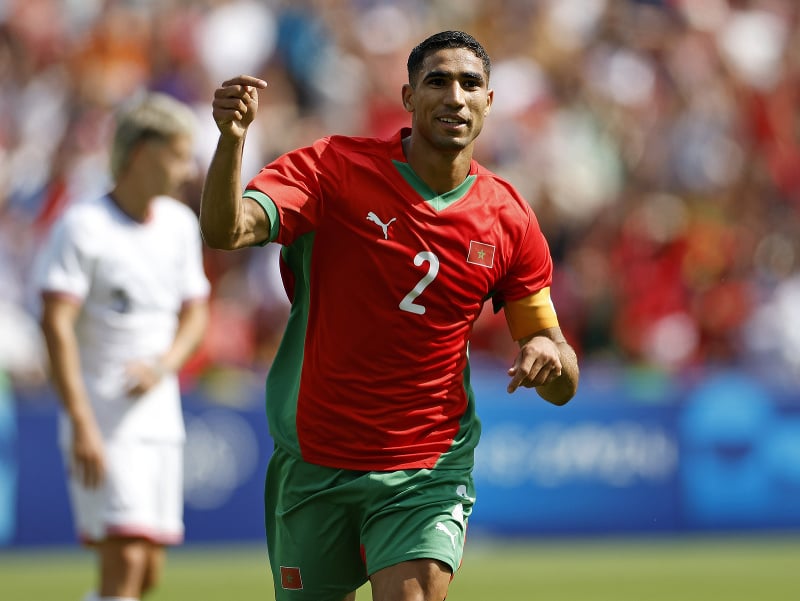 Maročan Achraf Hakimi sa teší zo streleného gólu vo štvrťfinále OH 2024