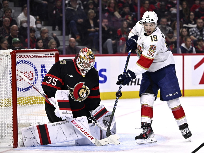 Matthew Tkachuk pred brankárom Linusom Ullmarkom