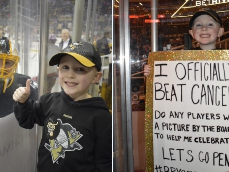Malý fanúšik Bryson s transparentom pre hráčov Pittsburghu