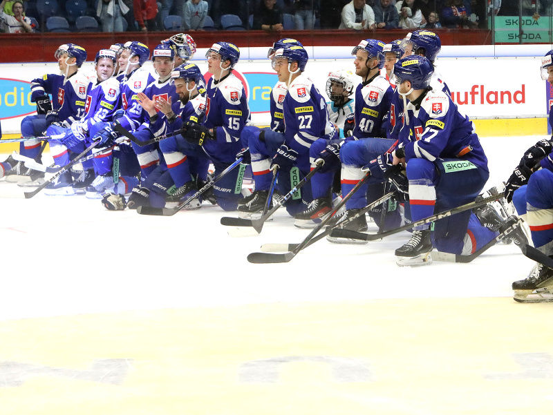 Na snímke slovenskí hokejisti oslavujú víťazstvo po prípravnom zápase 