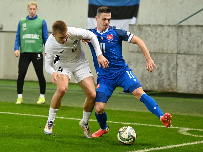 Na snímke vpravo hráč Slovenska Ľubomír Tupta a hráč Estónska Michael Schjonning-Larsen