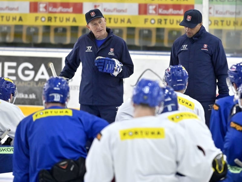 Na snímke zľava hore tréner slovenskej hokejovej reprezentácie Craig Ramsay a jeho asistent Ján Pardavý s hráčmi