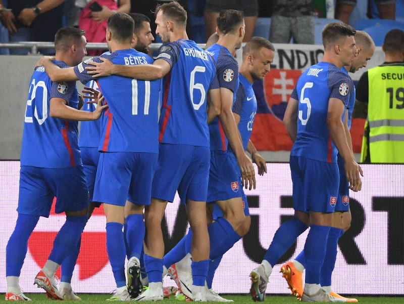 Na snímke gólová radosť Slovákov v kvalifikačnom zápase J-skupiny na ME 2024 Slovensko - Lichtenštajnsko
