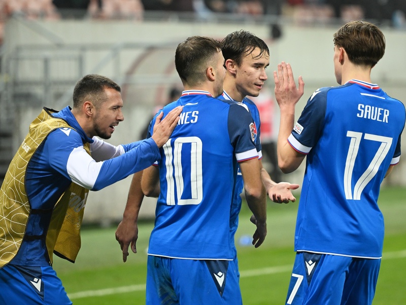 Na snímke radosť hráčov Slovenska po strelení gólu na 1:0