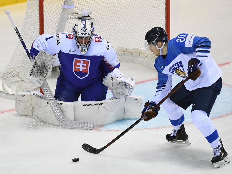 Na snímke fínsky hokejista Niko Ojamäki (vpravo) a brankár Slovenska Marek Čiliak