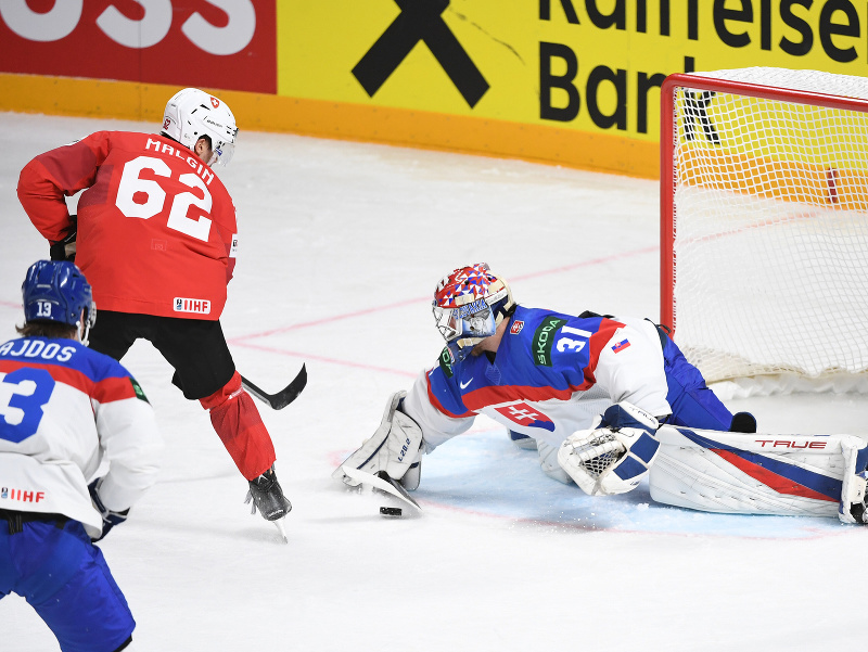 Na snímke hokejista Denis Malgin (Švajčiarsko) a brankár Samuel Hlavaj