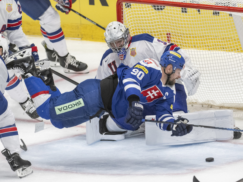 Sprava Tomáš Tatar (Slovensko) a brankár Alex Lyon (USA)