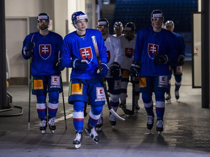 Slovenskí hokejisti počas tréningu slovenskej hokejovej reprezentácie pred MS vo Fínsku