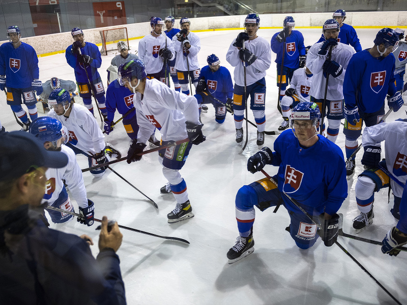 Slovenskí hokejisti počas tréningu slovenskej hokejovej reprezentácie pred MS vo Fínsku