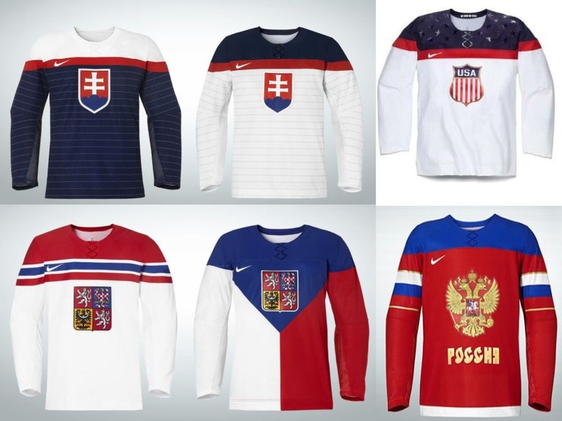 Olympijské dresy hokejistov Slovenska, Česka, Ruska a Spojených štátov.
