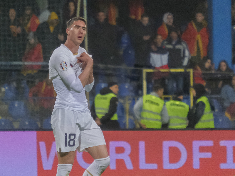 Srb Dušan Vlahovič oslavuje gól, v pozadí fanúšikovia Čiernej Hory