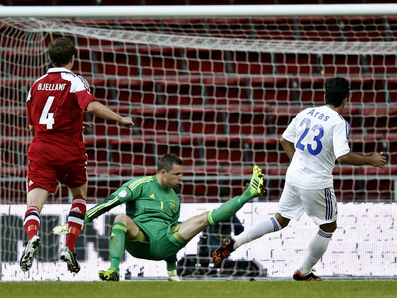 Ilustračné foto: Aras Ozbiliz prekonáva dánskeho gólmana Andersena