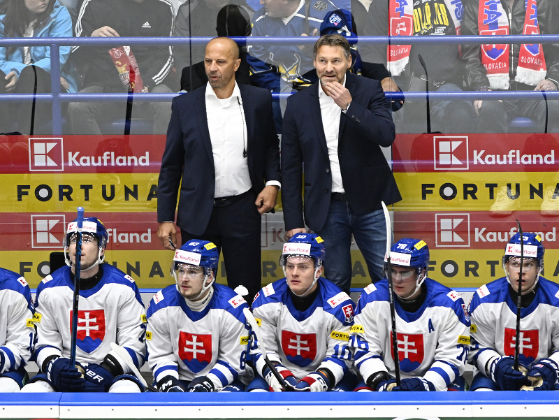 Na snímke hlavný tréner Slovenska Vladimír Országh (hore vpravo) a jeho asistent Ján Pardavý v prípravnom zápase