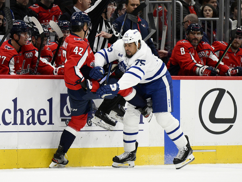 Martin Fehérváry (Washington) a Ryan Reaves (Toronto) v súboji pri striedačke